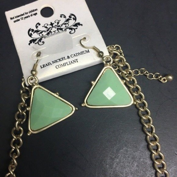 Triangle Necklace Earrings Jadeite Green Gold Dangle Pierced Retro Geometric - Picture 4 of 6